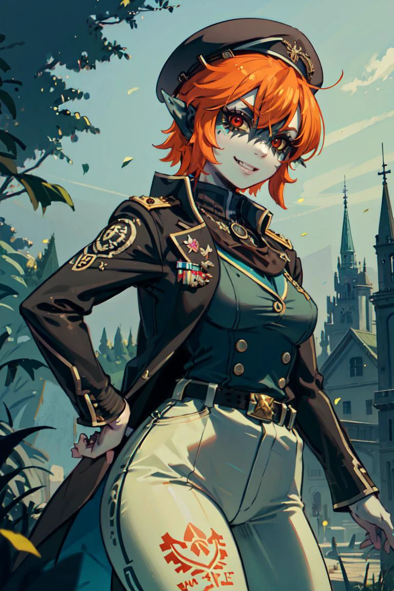 ((masterpiece,best quality)), <lora:Twilight_Theme_Zelda_Anime:0.8>, (Twilight_Theme_Zelda), glow, glowing, green glow, dark skin, grey skin, glowing tattoo, pointy ears, 1girl, smile, red eyes, orange hair, yellow sclera, smug, military uniform, military, soldier, belt, green pants, beret, brown jacket, world war ii, war, military vehicle, battlefield, battle, dust