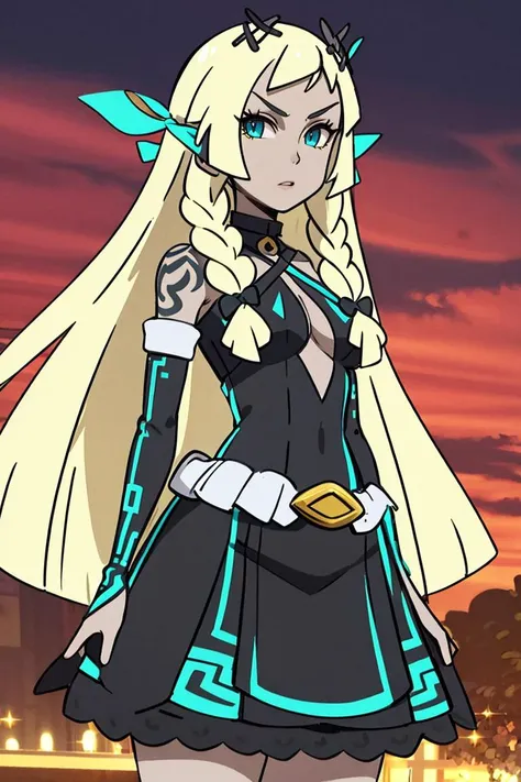 <lora:Alola_Style:0.65>,((masterpiece,best quality)), <lora:Twilight_Theme_Zelda_Anime:0.8>, (Twilight_Theme_Zelda), glow, glowing, green glow, dark skin, grey skin,( glowing tattoo:1.1), 1girl, blue eyes, very long hair, blonde hair, long blonde hair, french braid, bangs, medium breasts, hair ribbon, frilled choker, criss-cross halter, black dress, sleeveless dress, high-waist skirt, backless dress, waist bow, detached sleeves, frilled sleeves,