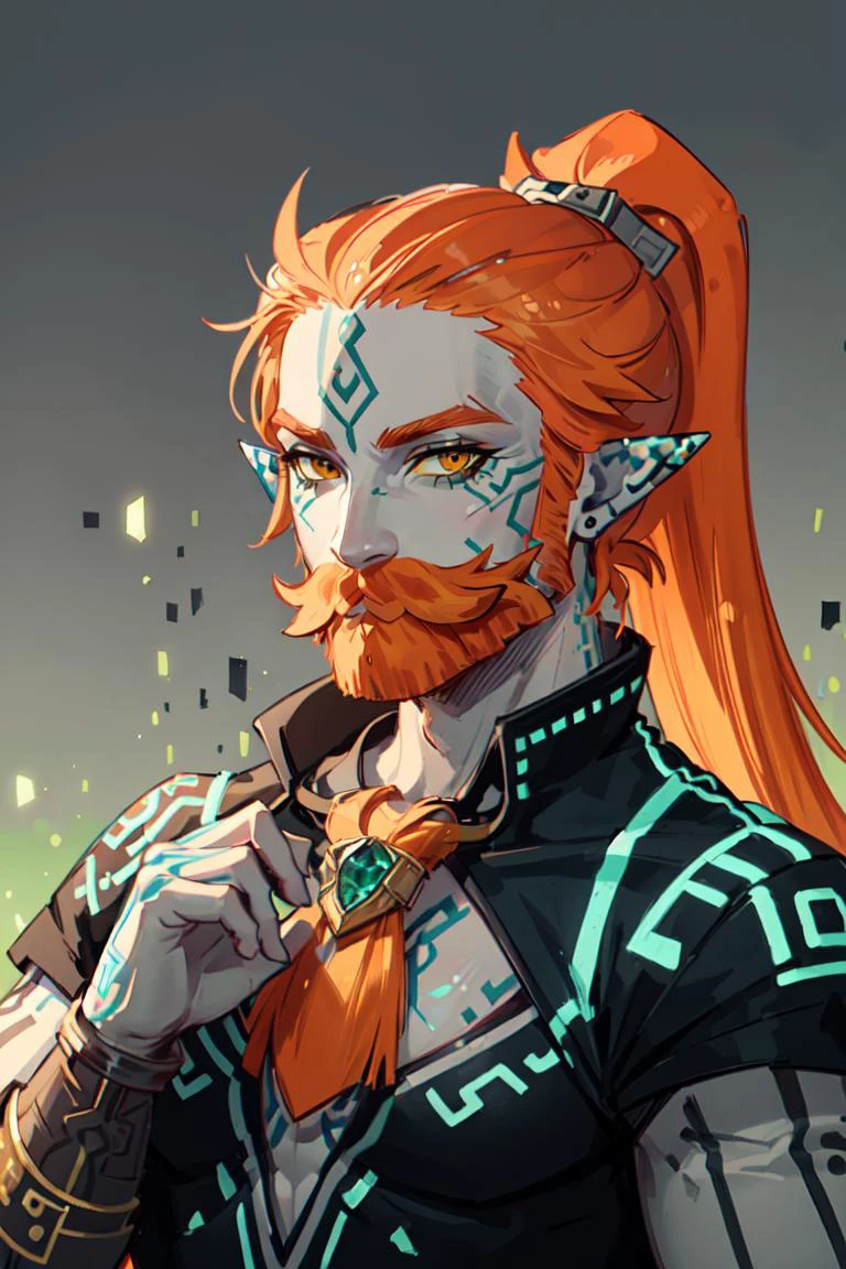 ((masterpiece,best quality)), <lora:Twilight_Theme_Zelda_Anime:0.8>, (Twilight_Theme_Zelda), glow, glowing, green glow, dark skin, grey skin, green tattoo, pointy ears, long hair, 1boy, upper body, ponytail, weapon, male focus, orange hair, facial hair, hand on own chest, beard, mustache, yellow sclera, smile,