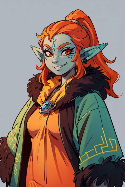 ((masterpiece,best quality)),
<lora:Twilight_Theme_Zelda_Anime:0.8>, (Twilight_Theme_Zelda), glow, glowing, green glow, dark skin, grey skin, glowing tattoo, pointy ears,
1girl, smile, red eyes, orange hair, yellow sclera,
smug, (fur coat:1.5), cowboy shot,
