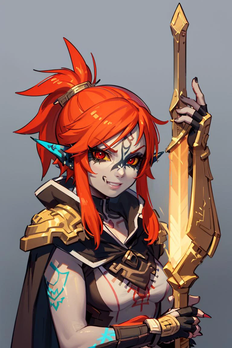 ((masterpiece,best quality)),
<lora:Twilight_Theme_Zelda_Anime:0.8>, (Twilight_Theme_Zelda), glow, glowing, green glow, dark skin, grey skin, glowing tattoo, pointy ears,
1girl, smile, red eyes, orange hair, yellow sclera,
smug, shiny metal, sword, fingerless gloves, holding weapon, armor, holding sword, shoulder armor, gauntlets