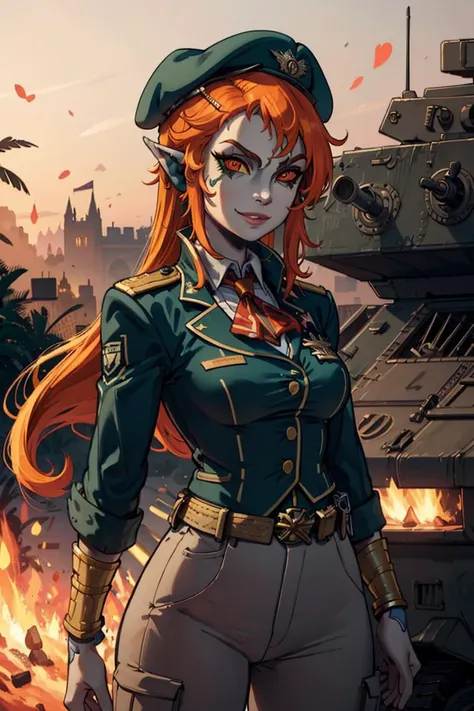 ((masterpiece,best quality)), <lora:Twilight_Theme_Zelda_Anime:0.8>, (Twilight_Theme_Zelda), glow, glowing, green glow, dark skin, grey skin, glowing tattoo, pointy ears, 1girl, smile, red eyes, orange hair, yellow sclera, smug, military uniform, military, soldier, belt, green pants, beret, brown jacket, world war ii, war, military vehicle, battlefield, battle, dust