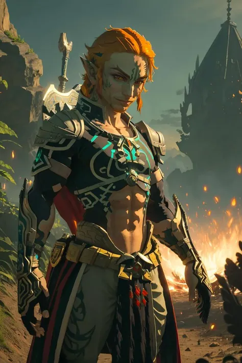 ((masterpiece,best quality)), <lora:Twilight_Theme_Zelda_Anime:0.8>, (Twilight_Theme_Zelda), glow, glowing, green glow, dark skin, grey skin, glowing tattoo, pointy ears, <lora:botw_style_offset:0.8>   1boy, male focus, muscular, smile, red eyes, orange hair,  yellow sclera,  smug, shiny metal, fingerless gloves, armor,  shoulder armor, gauntlets, cowboy shot,