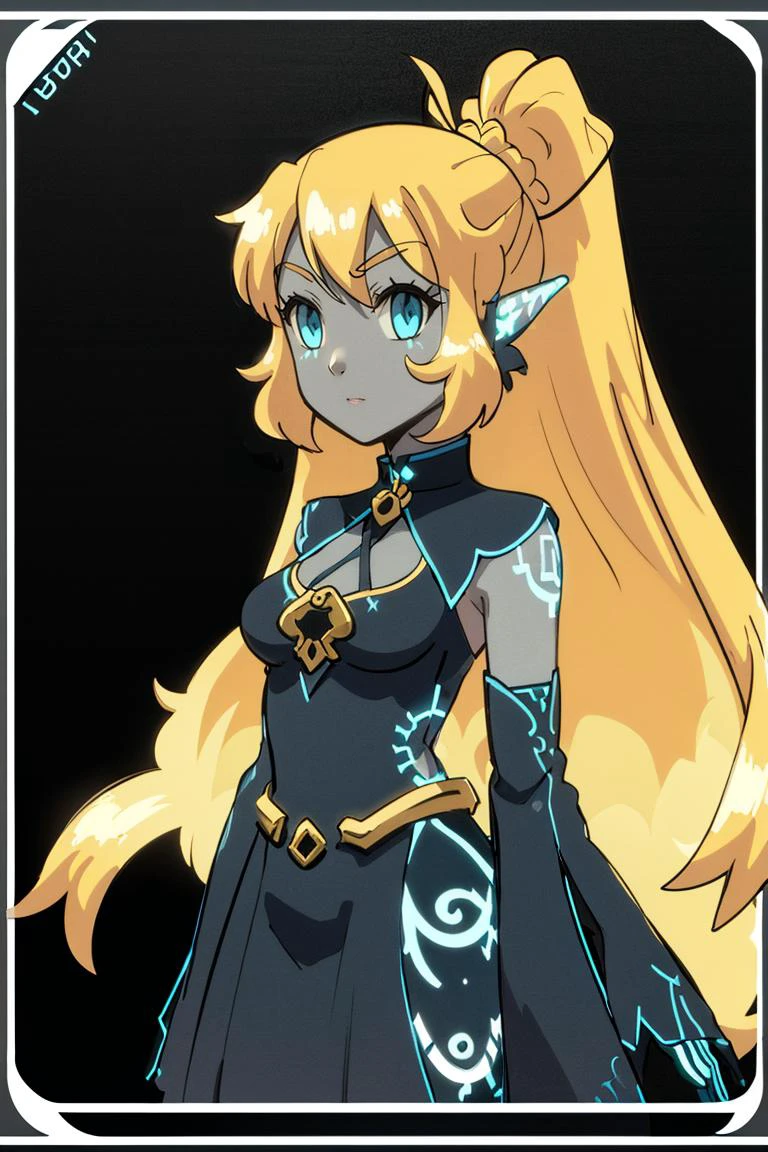 <lora:noelia_ponce_style:0.8>,((masterpiece,best quality)), <lora:Twilight_Theme_Zelda_Anime:0.8>, (Twilight_Theme_Zelda), glow, glowing, green glow, dark skin, grey skin,( glowing tattoo:1.1), 1girl, blue eyes, very long hair, blonde hair, long blonde hair, french braid, bangs, medium breasts, hair ribbon, frilled choker, criss-cross halter, black dress, sleeveless dress, high-waist skirt, backless dress, waist bow, detached sleeves, frilled sleeves,