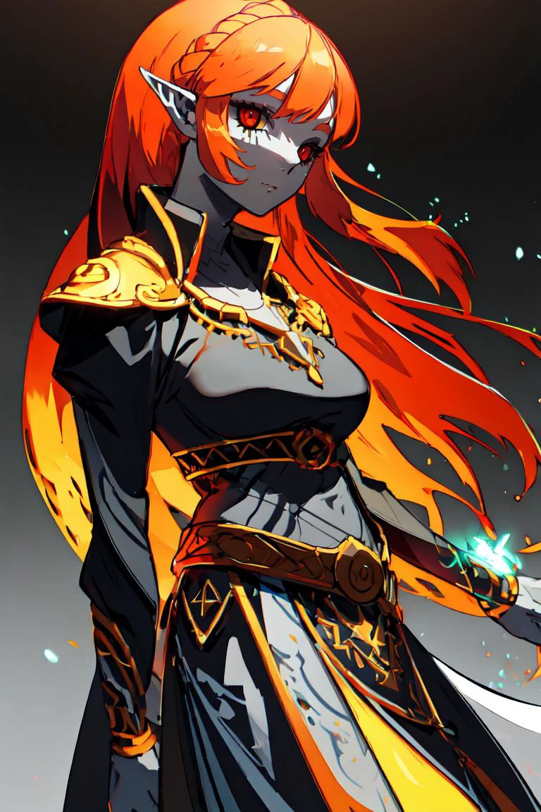 ((masterpiece,best quality)), <lora:Twilight_Theme_Zelda_Anime:0.6>, (Twilight_Theme_Zelda), glow, glowing, green glow, dark skin, grey skin, glowing tattoo, pointy ears, red eyes, orange hair, long hair, yellow sclera, <lora:princess_zelda:1> princess zelda, 1girl, bangs, breasts, bridal gauntlets, closed mouth, expressionless, from side, highres, jewelry, long hair, long sleeves