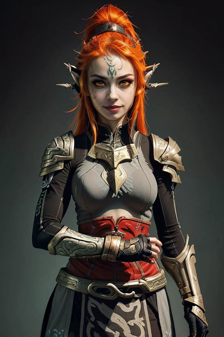 ((masterpiece,best quality)), <lora:Twilight_Theme_Zelda_Anime:0.8>, (Twilight_Theme_Zelda), glow, glowing, green glow, dark skin, grey skin, glowing tattoo, pointy ears, 1girl, smile, red eyes, orange hair, yellow sclera, smug, shiny metal, fingerless gloves, armor, shoulder armor, gauntlets
