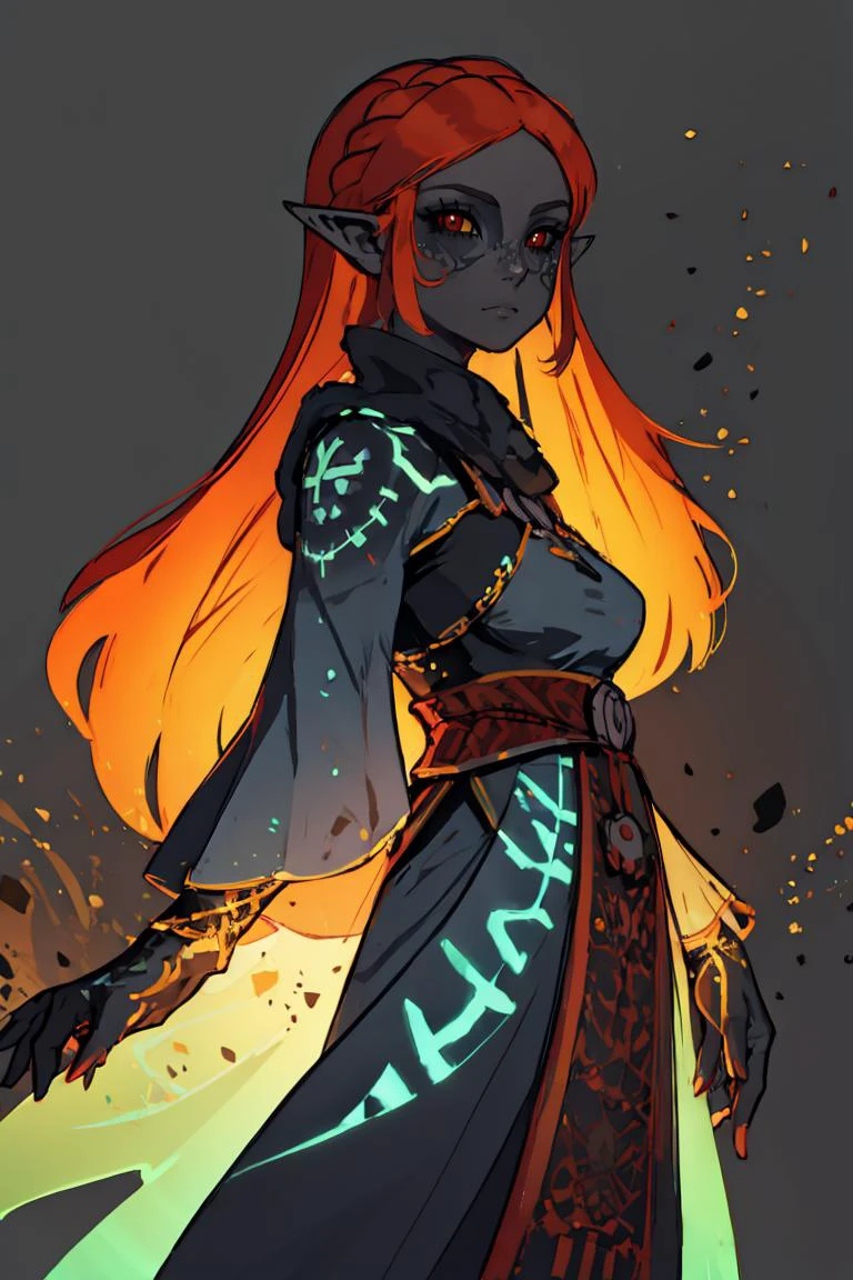 ((masterpiece,best quality)), <lora:Twilight_Theme_Zelda_Anime:0.6>, (Twilight_Theme_Zelda), glow, glowing, green glow, dark skin, grey skin, glowing tattoo, pointy ears, red eyes, orange hair, long hair, yellow sclera, <lora:princess_zelda:1> princess zelda, 1girl, bangs, breasts, bridal gauntlets, closed mouth, expressionless, from side, highres, jewelry, long hair, long sleeves