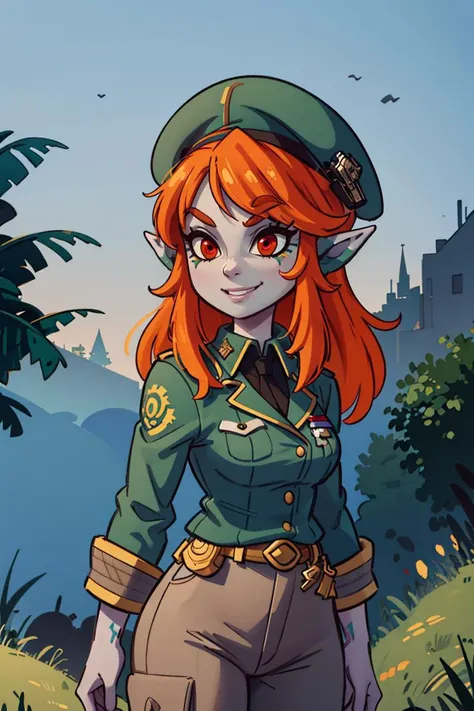 ((masterpiece,best quality)),
<lora:Twilight_Theme_Zelda_Anime:0.8>, (Twilight_Theme_Zelda), glow, glowing, green glow, dark skin, grey skin, glowing tattoo, pointy ears,
1girl, smile, red eyes, orange hair,  yellow sclera,
smug, military uniform, military, soldier, belt, green pants, beret, brown jacket, world war ii, war, military vehicle, battlefield, battle, dust