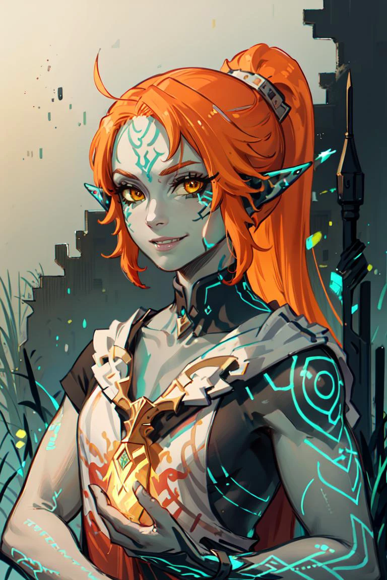 ((masterpiece,best quality)), <lora:Twilight_Theme_Zelda_Anime:0.8>, (Twilight_Theme_Zelda), glow, glowing, green glow, dark skin, grey skin, glowing tattoo, pointy ears, long hair, 1boy, upper body, ponytail, weapon, male focus, orange hair, yellow sclera, smile,