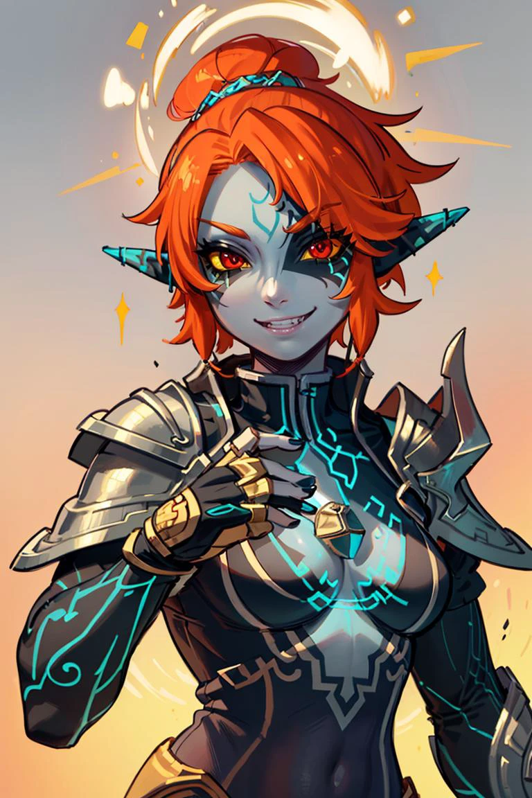((masterpiece,best quality)),
<lora:Twilight_Theme_Zelda_Anime:0.8>, (Twilight_Theme_Zelda), glow, glowing, green glow, dark skin, grey skin, glowing tattoo, pointy ears,
1girl, smile, red eyes, orange hair, yellow sclera,
smug, shiny metal, fingerless gloves, armor, holding sword, shoulder armor, gauntlets