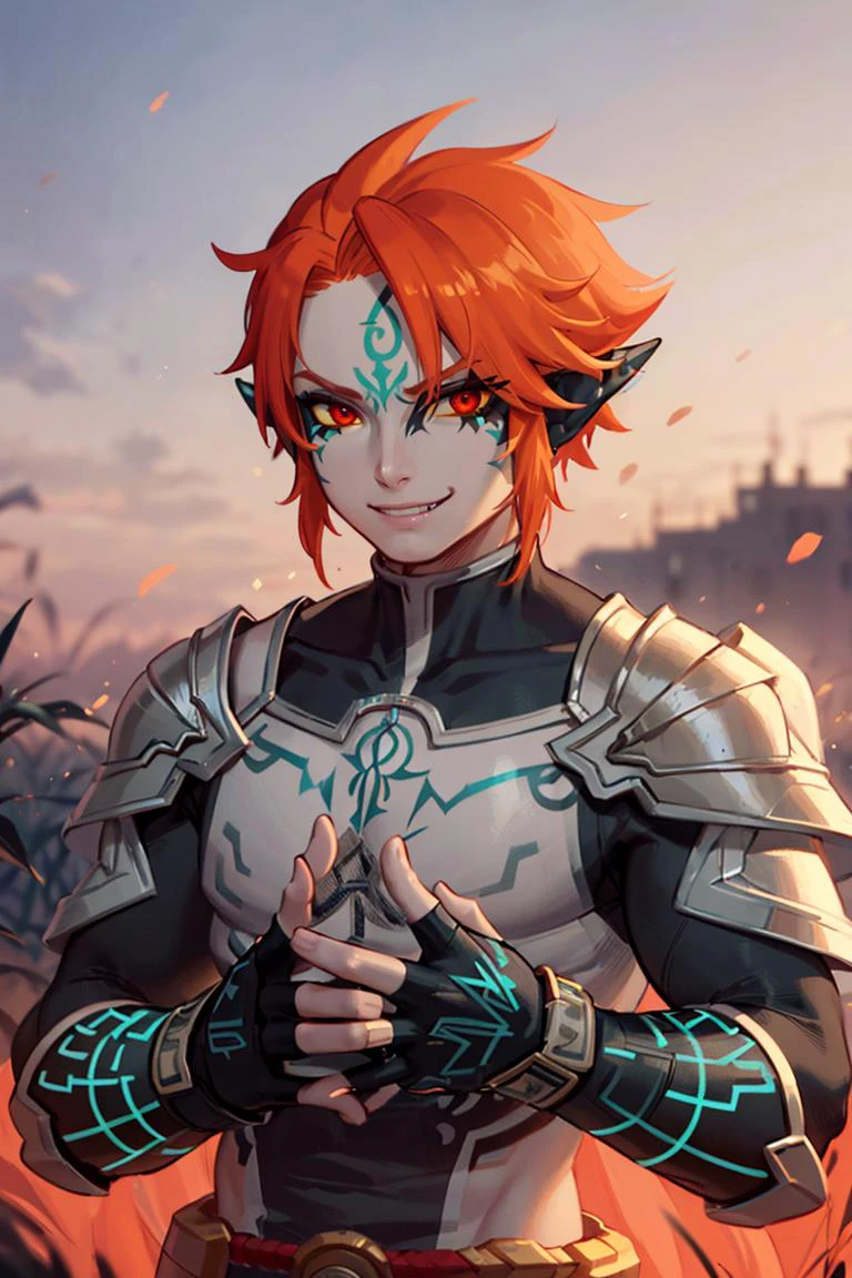 ((masterpiece,best quality)),
<lora:Twilight_Theme_Zelda_Anime:0.8>, (Twilight_Theme_Zelda), glow, glowing, green glow, dark skin, grey skin, glowing tattoo, pointy ears,
1boy, male focus, muscular, smile, red eyes, orange hair, yellow sclera,
smug, shiny metal, fingerless gloves, armor, shoulder armor, gauntlets