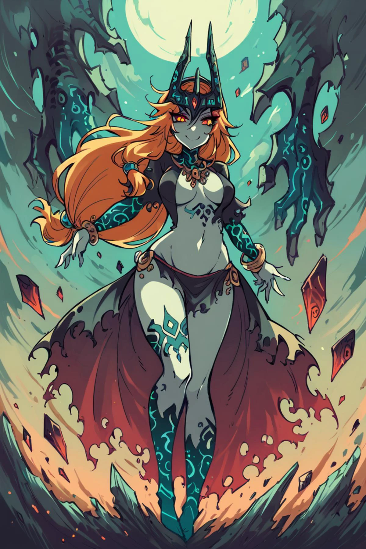 ((masterpiece,best quality)), zzTwilightZelda, Twilight_Theme_Zelda, 1girl, long hair, smile, red eyes, navel, very long hair, full body, orange hair, bracelet, makeup, helmet, eyeshadow, low-tied long hair, front ponytail, yellow sclera, midna, <lora:TwilightTheme_SDXL:0.8>,