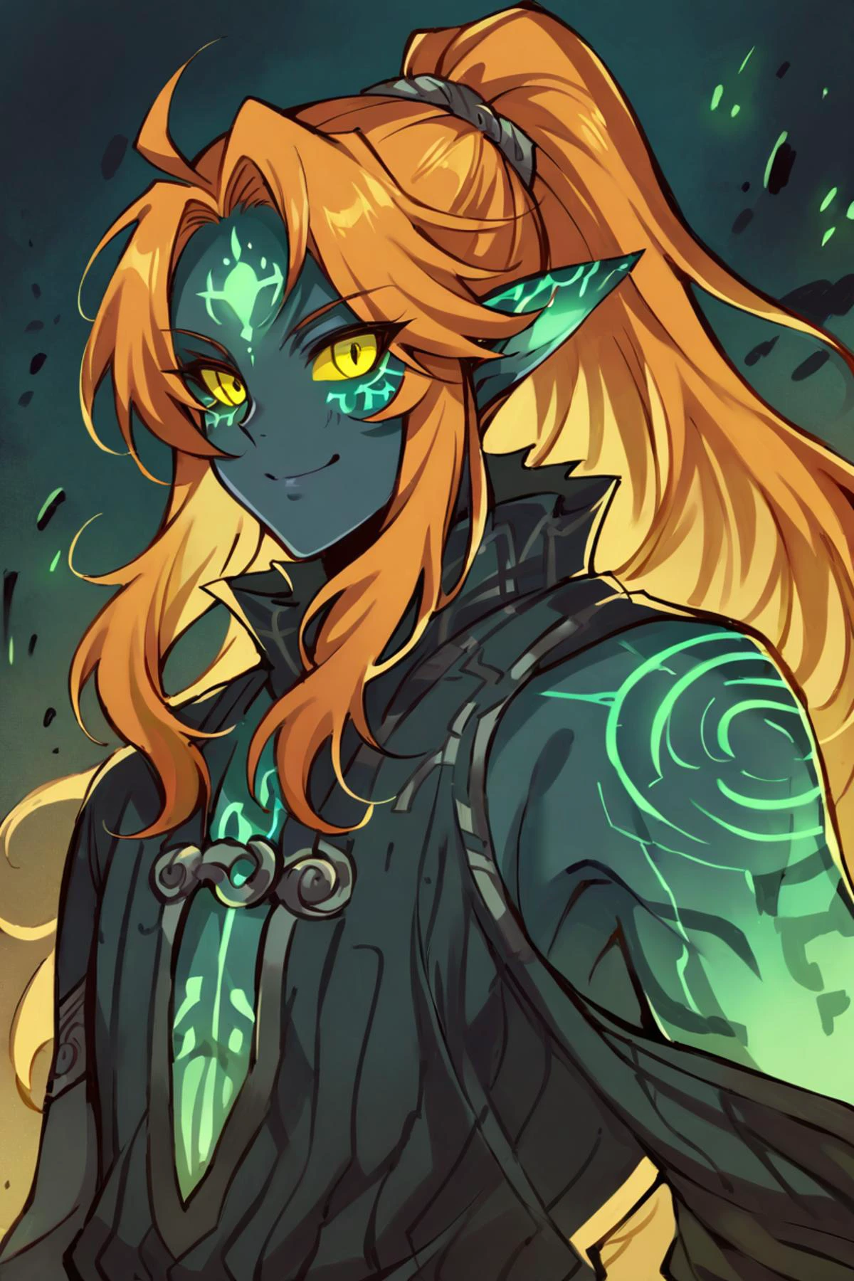 ((masterpiece,best quality)), zzTwilightZelda, zzTwilightZelda, glow, glowing, green glow, dark skin, grey skin, glowing tattoo, pointy ears, long hair, 1boy, upper body, ponytail, weapon, male focus, orange hair, yellow sclera, smile, <lora:TwilightTheme_SDXL:0.8>,