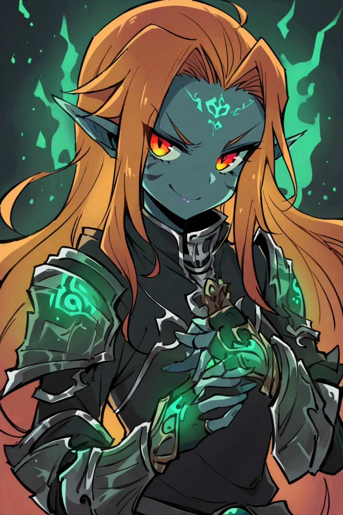 ((masterpiece,best quality)), zzTwilightZelda, zzTwilightZelda, glow, glowing, green glow, dark skin, grey skin, glowing tattoo, pointy ears, 1girl, smile, red eyes, orange hair, yellow sclera, smug, shiny metal, fingerless gloves, armor, shoulder armor, gauntlets, <lora:TwilightTheme_SDXL:0.8>,