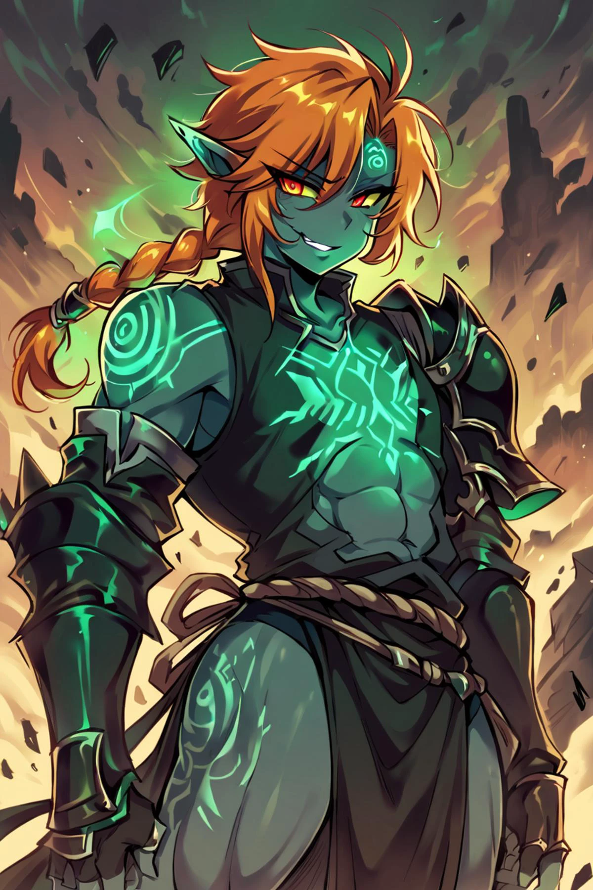 ((masterpiece,best quality)), zzTwilightZelda, zzTwilightZelda, glow, glowing, green glow, dark skin, grey skin, glowing tattoo, pointy ears, 1boy, male focus, muscular, smile, red eyes, orange hair, yellow sclera, smug, shiny metal, fingerless gloves, armor, shoulder armor, gauntlets, cowboy shot, <lora:TwilightTheme_SDXL:0.8>,