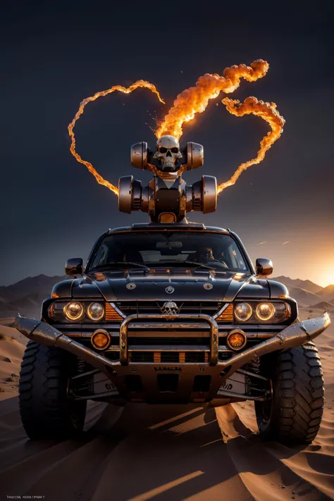 photo of damned car, tank, rhino, skull, burning, flaming halo, skull ornaments, scorch armor, armor detail, charred metal trimmings, desert storm, sandstorm, dune, dark ambiance, ((dawn:1.2)), dim sun light, <lora:Legion of the Damned MK1 by CARAXES:0.8> <lora:pdrally:1>