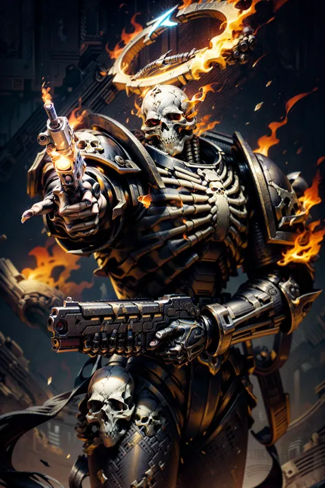 Photo of damned, full armor, wearing intricate ornamented metallic armor, skull face, skeleton, cowboy shot,
epic, burned metal, skull trimmings, charred black armor, flaming eyes, tall stature, burning, on fire, ghostly appearance, halo, burning halo, open mouth,
upper body focus, close-up, ((pointing gun:1.3)),
<lora:tool - add_detail:1> <lora:Legion of the Damned MK1 by CARAXES:0.7>