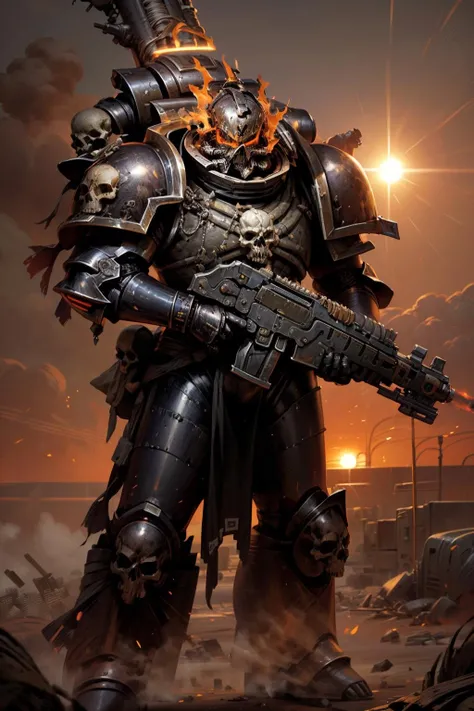 photo of damned, wearing full armor, skull, burning, flaming halo, flaming eyes, glowing eyes, armor, helm details, skull, scorch armor, armor detail, charred metal trimmings, holding gun, rifle,
battle, army, firing, gun,
standing by desert storm, sandstorm, dune, dark ambiance, ((dawn:1.2)), dim sun light, <lora:tool - add_detail:0.6> <lora:Legion of the Damned MK1 by CARAXES:0.7>
