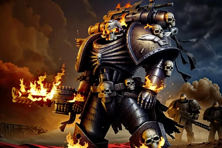 photo of damned, wearing full armor, skull, burning, flaming halo, flaming eyes, glowing eyes, armor, helm details, skull, scorch armor, armor detail, charred metal trimmings, gun, rifle,
battle, army, firing, gun, ghostly, specter, multipleboys,
standing by desert storm, sandstorm, dune, dark ambiance, ((dawn:1.2)), dim sun light, <lora:tool - add_detail:0.6> <lora:Legion of the Damned MK1 by CARAXES:0.8>