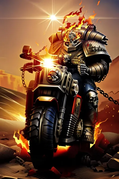photo of damned, wearing full armor, skull, burning, flaming halo, flaming eyes, glowing eyes, armor, helm details, helmet, skull ornaments, ((riding motorcycle:1.3)), scorch armor, armor detail, charred metal trimmings, chain whip, chain lasso, (flaming chain laso:1.3)
standing by desert storm, sandstorm, dune, dark ambiance, ((dawn:1.2)), dim sun light, <lora:tool - add_detail:0.6> <lora:Legion of the Damned MK1 by CARAXES:0.8>