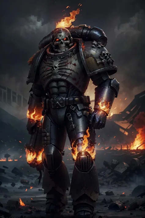 volumetric cinematic lighting, (highly detailed:1.4), digital render, smooth, sharp focus, full body 8k render, action shot, realistic reflections, cinematic composition,
damned, ((solo:1.5)),
black armor, charred metal armor, full armor, detailed power armor, battle aged, inflame, on fire, burning, fire, flame, armor details, skull trimmings details, helm details, helmet details, full armor, gun, skeleton,
holding gun, pointing, pointing gun, firing, walking, formation,
tall stature, ghostly appearance, ghost, specter, glowing red eyes, flaming eyes,
blood red moon background, particles floating, cloudy ash sky, grim, dark lighting, light from fire, flame, heavy shadows, midnight, ((mid-night:1.2)) <lora:Legion of the Damned MK1 by CARAXES:0.7>