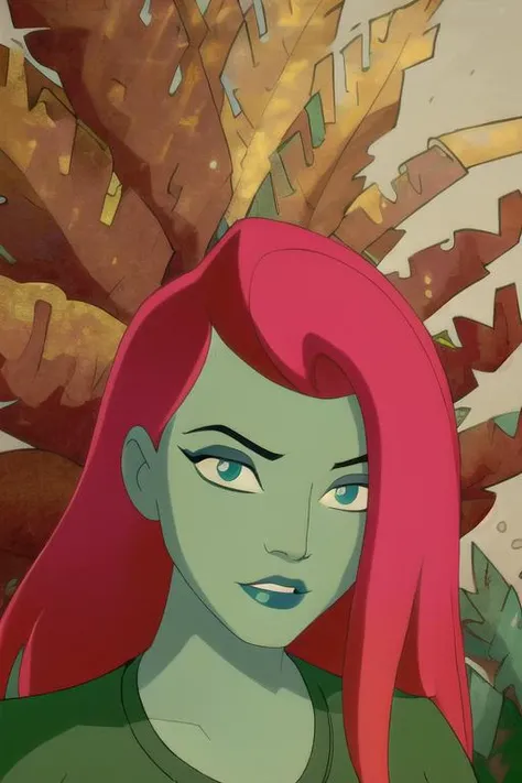 (8k, RAW photo, best quality, masterpiece:1.2), (intricate details), (best quality), (highres), ((perfect eyes)), perfect face, perfect lighting, vivid colors, intense colors, 1girl, cartoon style, poisonivy, <lora:poisonivy:1>, solo,