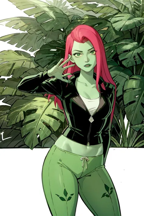 (poisonivy, Poison Ivy:1.0),  (side parted long red hair, green skin, green eyes, green lips), white tank top, black jacket, dark green pants with plant details, black high heels,  plants, leaves, flowers, (full-body-shot:1), (Cowboy-shot:1.2),neon lighting, dark romantic lighting, (highly detailed:1.2),(detailed face:1.2), (gradients), colorful, detailed eyes, (detailed landscape:1.2), (natural lighting:1.2),(detailed background),detailed landscape, (cute pose:1.2), <lora:poisonivy-10 (1):0.55>  <lora:add_detail:0.05> <lora:hipoly3DModelLora_v10:0.05>  <lora:RSERomantic_RSESofiko_RSEEmma-v1:0.1> <lyco:coloredSkin-08:0.5>