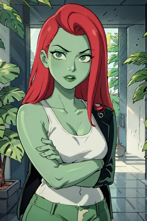 (poisonivy, Poison Ivy:1.0), (side parted long red hair, green skin, green eyes, green lips), white tank top, black jacket, dark green pants with plant details, black high heels, plants, leaves, flowers, (full-body-shot:1), (Cowboy-shot:1.2),neon lighting, dark romantic lighting, (highly detailed:1.2),(detailed face:1.2), (gradients), colorful, detailed eyes, (detailed landscape:1.2), (natural lighting:1.2),(detailed background),detailed landscape, (cute pose:1.2), <lora:poisonivy-10 (1):0.55> <lora:add_detail:0.05> <lora:hipoly3DModelLora_v10:0.05> <lora:RSERomantic_RSESofiko_RSEEmma-v1:0.1> <lyco:coloredSkin-08:0.5>