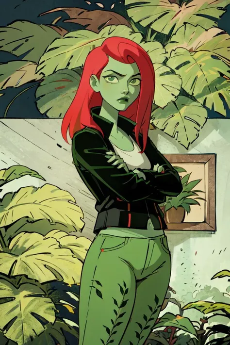 (poisonivy, Poison Ivy:1.0),  (side parted long red hair, green skin, green eyes, green lips), white tank top, black jacket, dark green pants with plant details, black high heels,  plants, leaves, flowers, (full-body-shot:1), (Cowboy-shot:1.2),neon lighting, dark romantic lighting, (highly detailed:1.2),(detailed face:1.2), (gradients), colorful, detailed eyes, (detailed landscape:1.2), (natural lighting:1.2),(detailed background),detailed landscape, (cute pose:1.2), <lora:poisonivy-10 (1):0.7>  <lora:add_detail:0.05> <lora:hipoly3DModelLora_v10:0.05>  <lora:RSERomantic_RSESofiko_RSEEmma-v1:0.1> <lyco:coloredSkin-08:0.5>