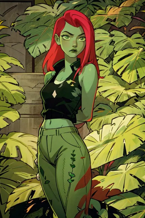 (poisonivy, Poison Ivy:1.0), (side parted long red hair, green skin, green eyes, green lips), white tank top, black jacket, dark green pants with plant details, black high heels, plants, leaves, flowers, (full-body-shot:1), (Cowboy-shot:1.2),neon lighting, dark romantic lighting, (highly detailed:1.2),(detailed face:1.2), (gradients), colorful, detailed eyes, (detailed landscape:1.2), (natural lighting:1.2),(detailed background),detailed landscape, (cute pose:1.2), <lora:poisonivy-10 (1):0.7> <lora:add_detail:0.05> <lora:hipoly3DModelLora_v10:0.05> <lora:RSERomantic_RSESofiko_RSEEmma-v1:0.1> <lyco:coloredSkin-08:0.5>