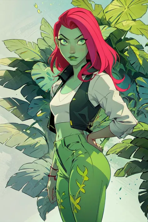 (poisonivy, Poison Ivy:1.0),  (side parted long red hair, green skin, green eyes, green lips), white tank top, black jacket, green pants with plant details, black high heels,  plants, leaves, flowers, (full-body-shot:1), (Cowboy-shot:1.2),neon lighting, dark romantic lighting, (highly detailed:1.2),(detailed face:1.2), (gradients), colorful, detailed eyes, (detailed landscape:1.2), (natural lighting:1.2),(detailed background),detailed landscape, (cute pose:1.2), <lora:poisonivy-10 (1):0.6>  <lora:add_detail:0.05> <lora:hipoly3DModelLora_v10:0.05>  <lora:RSERomantic_RSESofiko_RSEEmma-v1:0.1> <lyco:coloredSkin-08:0.5>