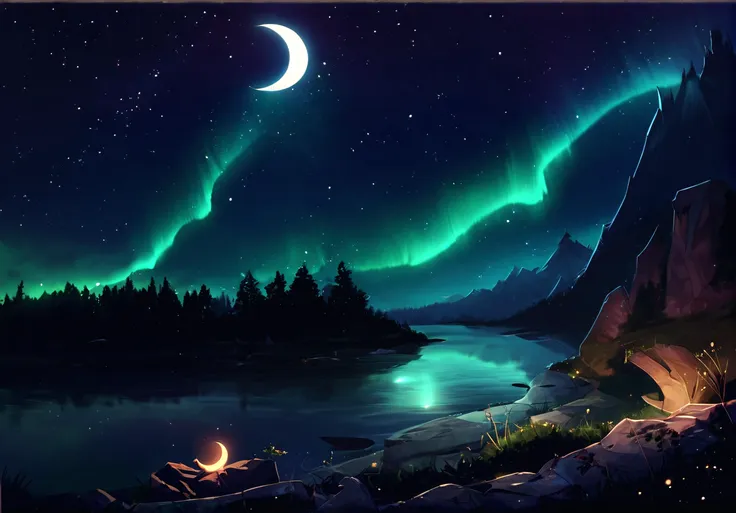 score_9, score_8_up, score_7_up, by magnaluna, a photo of a beautiful serene lake at night, scenic shot, nature shot, ((zero pictured, landscape focus)), night, sky reflected off waters surface, stars, night sky, aurora borealis, crescent moon, midnight, realistic, insane quality, <lora:MagnaLuna_PDXL:1>,