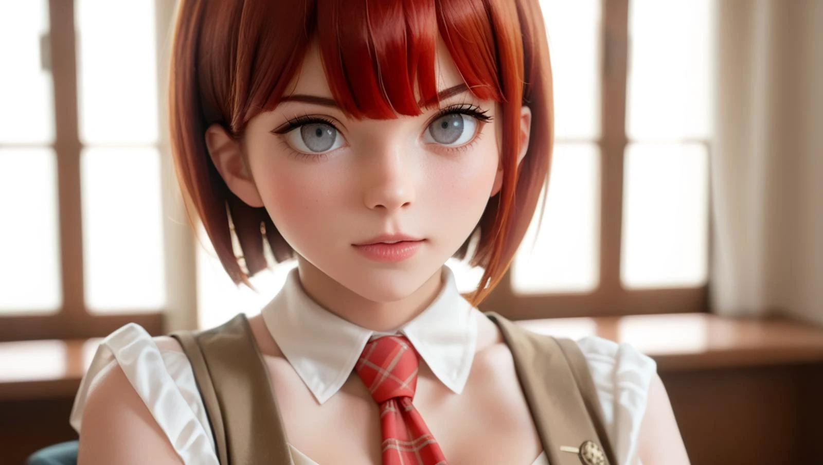 score_9, score_8_up, score_7_up, 1girl, <lora:Koizumi_Mahiru_V1:0.8>, koizumi Mahiru,danganronpa,red hair,short hair,gray eyes, khaki skirt, pleated skirt, khaki vest, white collared shirt, short sleeves, red tie, red and white plaid tie, SLR camera slung over the shoulder, <lora:lowlreg_v1:0.8>, lowleg, <lora:DMC_PDXL:0.8>, DMC,, score_9, score_8_up, score_7_up, score_6_up, score_5_up, score_4_up, big breasts, cleavage, slim body, (an extremely delicate and beautiful), kawaii, cute, very big eyes, Aesthetic Anime Eyes, small face, large breasts,, (8k, masterpiece, best quality, ultra-detailed), cinematic lighting, Intricate, High Detail, Sharp focus, dramatic, masterpiece, best quality, ultra-detailed, detailed, detailed body, detailed face