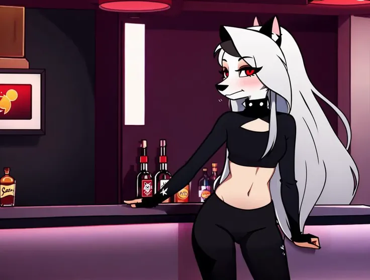 <lora:loona_yiu_v10:0.7>, (loona:1.2), furry, tight black leggins, 1girl, solo, in the bar