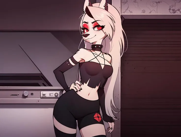 <lora:loona_yiu_v10:0.9>, (loona:1.2), furry, tight black leggins, 1girl, solo, outside, inside the room, manufacture, glossy illustration, cartoon, red eyes