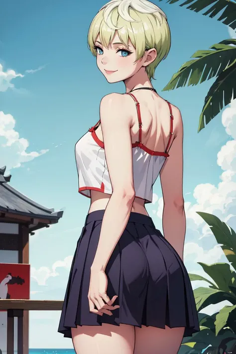 masterpiece, best quality, absurdres, perfect anatomy, 1girl, solo, TenkaIzumo, camisole, crop top, midriff, pleated skirt, spaghetti strap, thighs, arms behind back, outdoors, smile, <lora:IzumoTenkaV2:1.0>