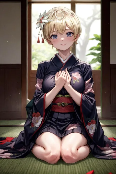 (masterpiece), (((ultra detailed, 8k quality))), expressive eyes, perfect face, perfect body, (slender, breasts), scene, <lora:scene_:0.7>, <lora:more_details:0.5>, <lora:beautiful_detailed_eyes:0.5>, 1girl, solo, TenkaIzumo, indoors, kimono, hair flower, floral print, wariza, sitting, hands on own knees, smile, <lora:IzumoTenkaV2:1>