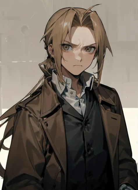 ((masterpiece,best quality, detailed)), dark, 1boy, edward elric, serious, looking at viewer,  jacket, (brown_coat,long sleeves:1), closed_mouth, coat collar, (collared_shirt,white shirt:1), brown sweater vest, gloves, long_hair, long_sleeves, long_hair,ponytail, <lora:EdwardElricV3:0.6> <lora:add_detail:0.2>