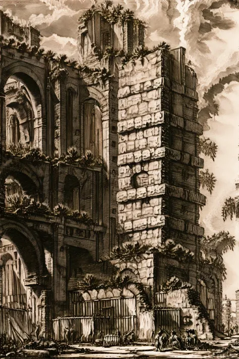<lora:envybetterhandsLocon_alpha3:1>, <lora:PIRANESI V1:1>, illustration, the ruins of an anicent civilization of giants