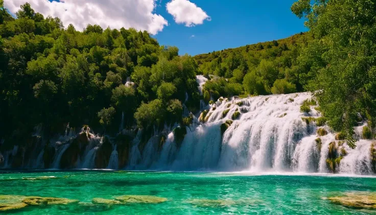 cinematic photo of A cascading waterfall with multiple tiers flows into a clear, turquoise lake surrounded by lush greenery and a backdrop of a blue sky with scattered clouds <lora:Landscape_Master:1.0> , 35mm photograph, film, bokeh, professional, 4k, highly detailed