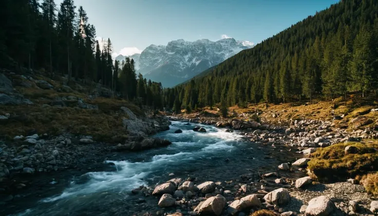 cinematic photo a mountain landscape with rocks and a river and pines , 35mm photograph, film, bokeh, professional, 4k, highly detailed <lora:Landscape_Master:1>