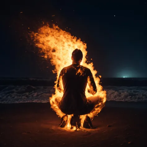 realistic photo of a man,, completely engulfed in flames,, night, shot from behind, <lora:Sacrifice_to_the_Ancient_Ones:0.7>