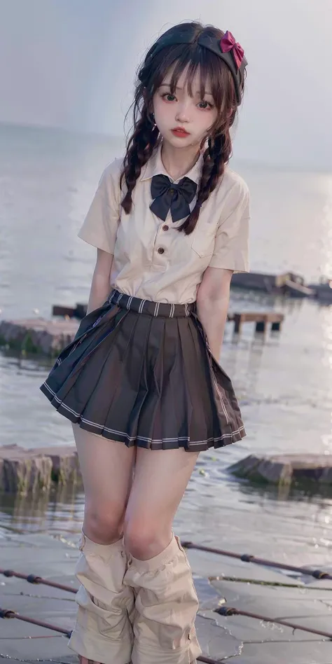 (8k, RAW photo, best quality, masterpiece:1.3),1girl, full body,close-up,realistic, photo-realistic, JK_style,(short-sleeved JK_shirt),JK_style,(dark blue JK_skirt) ,(bow JK_tie),<lora:jk uniform:0.5>,<lora:sd-No.155-000014:0.7>