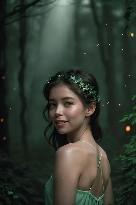 JaneM_SoloTI_v1,
(In a flowing green dress, with sparkling fairy wings and a playful smile, for a magical and whimsical look),
(A moonlit forest in Neverland, with twinkling fireflies and the soft rustle of leaves, enchanting atmosphere: 1.3),
(seductive:1.3),(analog, cinematic, film grain, hazy atmosphere, cinematic shot:1.3),, PA7_Portrait-MCU,