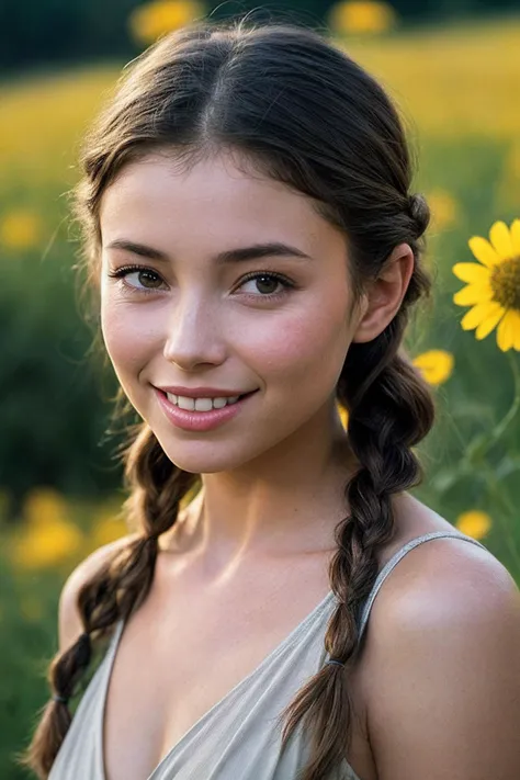 JaneM_SoloTI_v1,
(In a cute summer dress, with two playful braids and a radiant smile, for an innocent and charming look),
(A sunlit meadow in the morning, with wildflowers in full bloom and the gentle buzz of bees, idyllic atmosphere),
(seductive:1.3),(analog, cinematic, film grain, hazy atmosphere, cinematic shot), 
 <lora:add_detail:0.6>, PA7_Portrait-MCU,