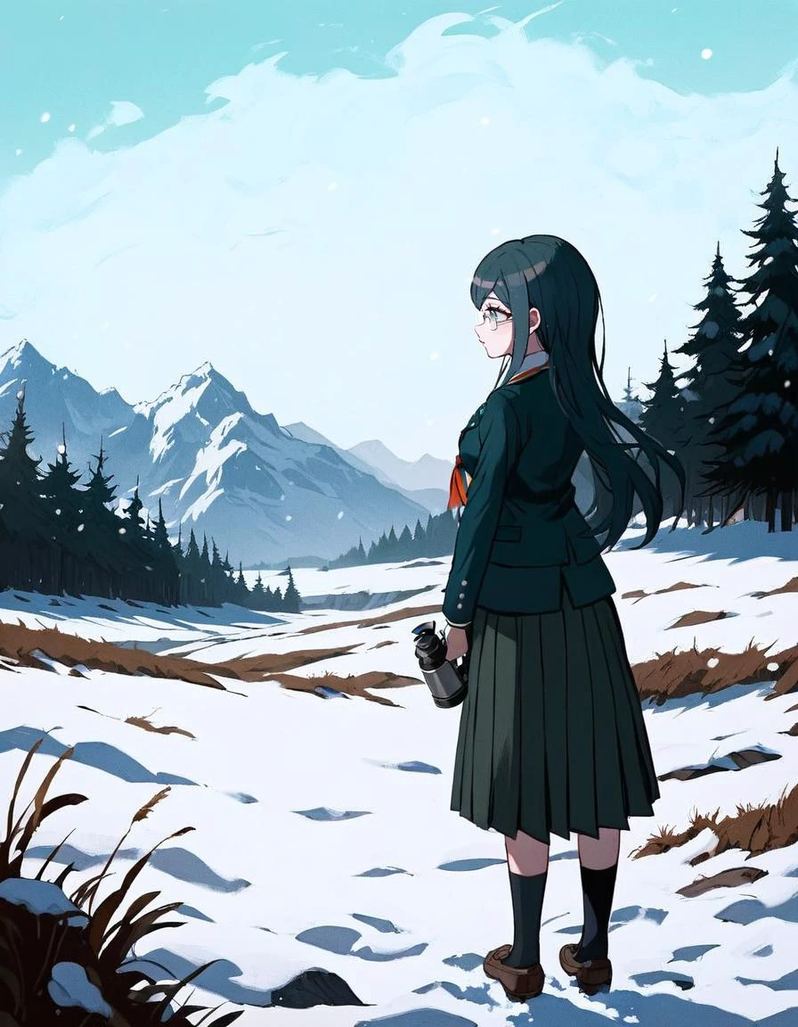 <lora:Pony_DetailV2.0:1>, masterpiece, best quality, very aesthetic, detailed background, absurdres, newest, newest anime, anime art style, detailed background, art by Rui Komatsuzaki, artist: Rui Komatsuzaki, danganronpoa, <lora:Tsumugi_Shirogane_SDXL:1>, This is an anime screencap from Danganronpa 3. (adult woman), loose hair, knee-length hair, dark teal-blue hair, (((hair parted in the center))), ((middle part in hair)), (((teal-black school blazer))), (((buttons on each lapel))), ((((mid-length skirt)))), (((knee-length skirt))), (teal-black skirt), pleated skirt, ((teal-green eyes)), Tsumugi Shirogane wearing her uniform from Danganronpa V3. Tsumugi Shirogane has knee-length dark teal-blue hair parted in the center which is straight and smooth at the base and gradually splits into waves near the tips. Her eyes are large, round, and are a soft teal-green color. Tsumugi wears round, rimless glasses with white temples. Tsumugi's Danganronpa V3 school uniform consists of a white blouse with an orange bow tied at her collar underneath a two-button, pocketed, teal-black school blazer adorned with two silver buttons on each lapel and a single button on each gorge. She wears a knee-length teal-black pleated skirt with two dark teal stripes lining the hem. Her legwear consists of dark navy knee-length socks and teal-gray loafers. Tsumugi Shirogane stands in a snowy field. She is wearing a long brown coat over her outfit. Tsumugi Shirogane's gaze is directed straight ahead. Holding a pair of black binoculars in her hands, she surveys the wintery landscape. She is standing in a field covered with snow, with a forest of pines and evergreen trees in the background. In the distance, jagged blue mountains peek out from behind the trees. The sky is a vibrant blue at the horizon, transitioning to a warm orange as it gets closer to the mountains. The image is painted in a painterly style, with thick brushstrokes depicting the textures of the snowy landscape and her hair. The overall impression is of a serene winter scene.