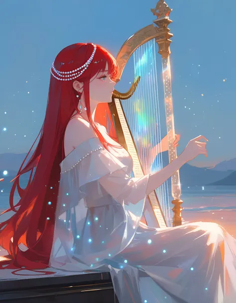 (from side:1.0), (Red long hair:1.0), (Hair adorned with fine pearls:1.0), (sacred:1.0), (Blue light gauze dress:1.0), (🌊:1.1), (Play the transparent harp:1.2), (Fragmented light dots:1.0), (Dawn:1.0), (fluorescence:0.8), (Crystal and transparent:1.0), (Flowing light and overflowing colors:1.0), (sit:1.0), (Close range:1.0), , (by wlop:0.6), (impasto, oil painting:1.2), detailed features, pseudo-impasto, best quality, (detailed features, flat color:1.2), (lineart, flat-pasto:0.3)