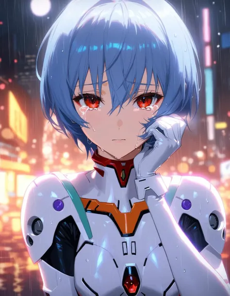 1girl, ayanami rei, neon genesis evangelion, masterpiece, amazing quality, best quality, high resolution, 4K, 8K, UHD, absurdres, beautiful and aesthetic, official art, professional illustration,, detailed beautiful face and eyes, detached sleeves, close up her face, looking at viewer, standing alone under the rain, sad tears, break highly detailed background, cyberpunk city, neon glowing floating particles, ultra detailed, extremely detailed, intricate details, beautiful color, colorful minimalism, sharp image quality, crisp detail, crisp edges, fine texture, detailed rendering, majestic composition, textured, high contrast, advanced lighting techniques, LUT, high dynamic range, vivid and accurate colors, harmonious color scheme, meticulously detailed, visually stunning, emotionally engaging, sharp contrast, digital painting quality, break cinematic lighintg, dramatic lighting, lighting designed by Ilya Kuvshinov, gradient, cinematic quality, subtle shadows, Complex Shading, Immersive Depth, Advanced Rendering, Depth of Field, sharp focus, Depth and Perspective, bokeh, film grain