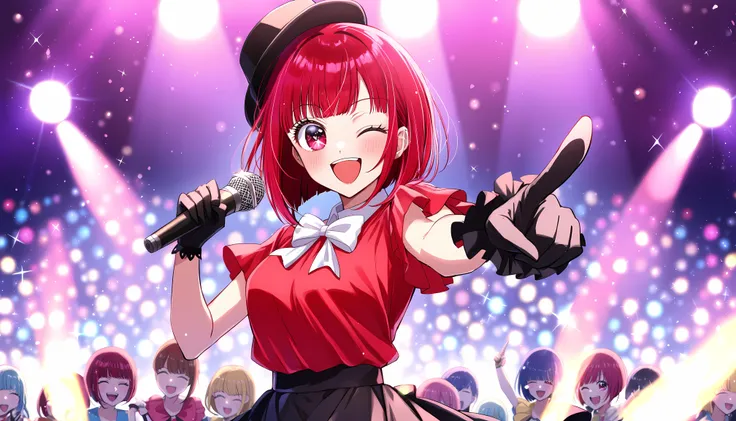 1girl, arima kana, oshi no ko, solo, idol, idol clothes, one eye closed, red shirt, black skirt, black headwear, gloves, stage light, singing, open mouth, crowd, smile, pointing at viewer, masterpiece, best quality