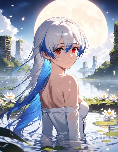 aesthetic, detailed, beautiful color, amazing quality, best quality, high quality, cinematic quality, LUT, fine texture, crisp detail, by rella, by_dkxlek, by makoto shinkai, ayanami_rei, beautiful, parted lips, detailed face, detailed eyes, Large eyes, deep crimson eyes, introspective eyes, eyes designed by Ilya Kuvshinov style, (detailed long hair), blue hair, white hair, (holographic hair), multicolored hair, glow hair, transparent hair, floating hair, wind effect, sad expressions, lonely, melancholy atmosphere, subtle grace, elegance, ethereal beauty, transparent, clarity, from side, looking at viewer, off shoulder, bare shoulders, splashing collarbone, strapless, white dress, wet dress, standing in lake, Calm Lake, water, White Lily, petals, barefoot, ripples, Misty Forest, soft shadows, (clear blue sky), cloud, cloudy sky, starry sky, particle, feather, [moon], (high-resolution sci-fi landscape:1.3), post-human landscapes, thousands of years in the future, Earth, overgrown cities, reclaimed by nature, futuristic decay, ancient modern buildings, high-resolution ruins, (rust in ruins, collapsed building), [2.5d:celluloid:0.6], Depth of Field, sharp focus, bokeh,